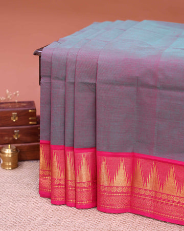 Traditional Venkatagiri Cotton Saree with Plain Body and Zari Woven Temple Motif Border - Double Shade