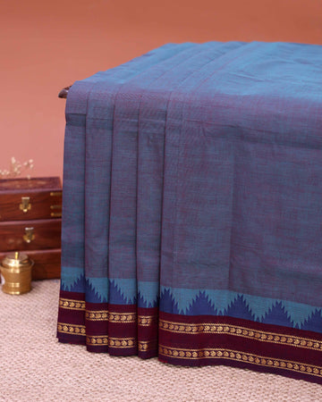 Traditional Handloom Venkatagiri Cotton Saree with Plain Body and Zari Woven Temple Border - Double Shade