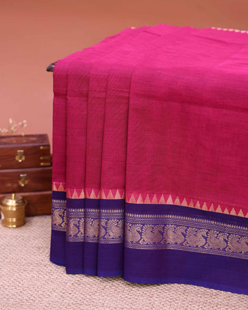 Traditional Handloom Venkatagiri Cotton Saree with Plain Body and Zari Woven Peacock Temple Border -  Magenta