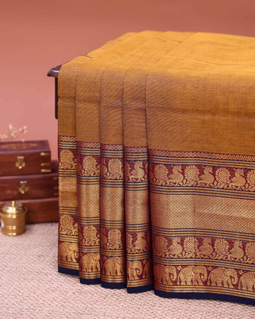 Traditional Handloom Venkatagiri Cotton Saree with Plain Body and Zari Woven Peacock & Elephant Temple Border -  Mustard Yellow