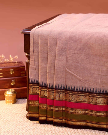 Traditional Chettinad Cotton Saree with Plain Body and Contrast Zari Woven Temple Border - Brown