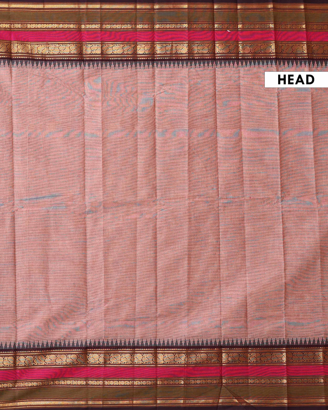 Traditional Chettinad Cotton Saree with Plain Body and Contrast Zari Woven Temple Border - Brown