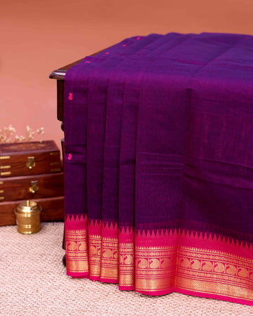 Traditional Handloom Chettinad Cotton Saree with Traditional Temple and Peacock Motif Zari Border - Purple