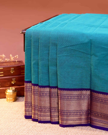 Traditional Chettinad Cotton Saree with Plain Body and Intricate Zari Woven Border - Sky Blue