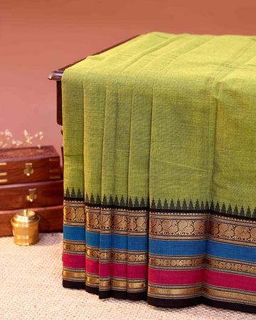 Traditional Chettinad Cotton Saree with Plain Body and Contrast Zari Woven Temple Border - Green