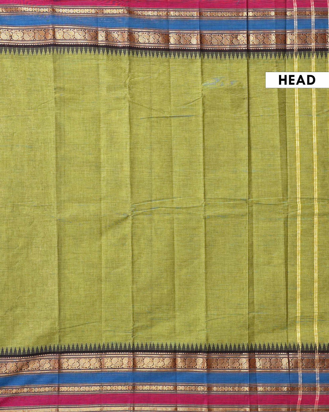 Traditional Chettinad Cotton Saree with Plain Body and Contrast Zari Woven Temple Border - Green