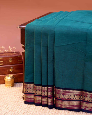 Traditional Chettinad Cotton Handloom Saree with Zari Woven Border - Peacock Green