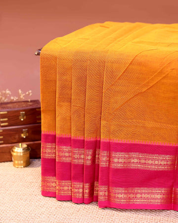 Traditional Handloom Chettinad Cotton Saree with Contrast Zari Border - Orange