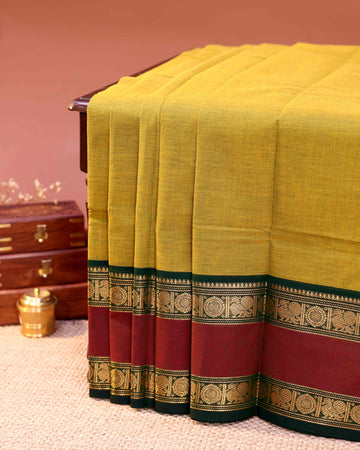 Traditional Handloom Chettinad Cotton Saree with Contrast Traditional Motif Border- Olive Green