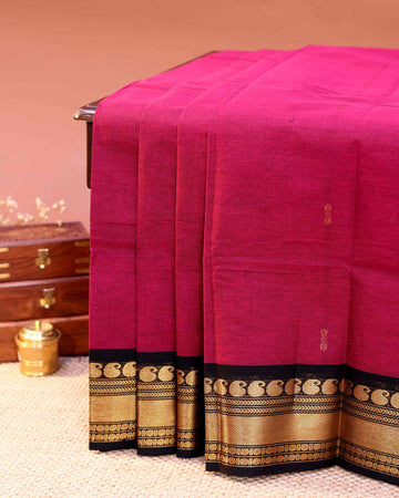 Traditional Handloom Chettinad Cotton Saree with Classic Contrast Zari Border - Magenta