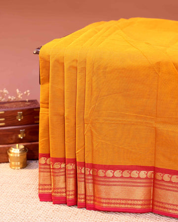 Traditional Handloom Chettinad Cotton Saree with Classic Contrast Zari Border - Yellow