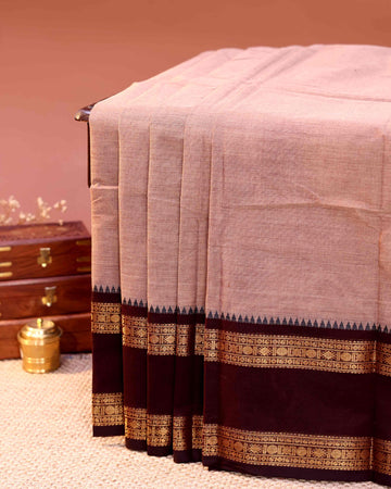 Traditional Handloom Chettinad Cotton Saree with Traditional Zari Woven Temple Border - Brown