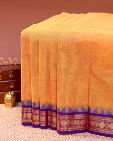 Traditional Handloom Chettinad Cotton Saree with Plain Body and Zari Woven Temple & Coin Motif Border - Orange