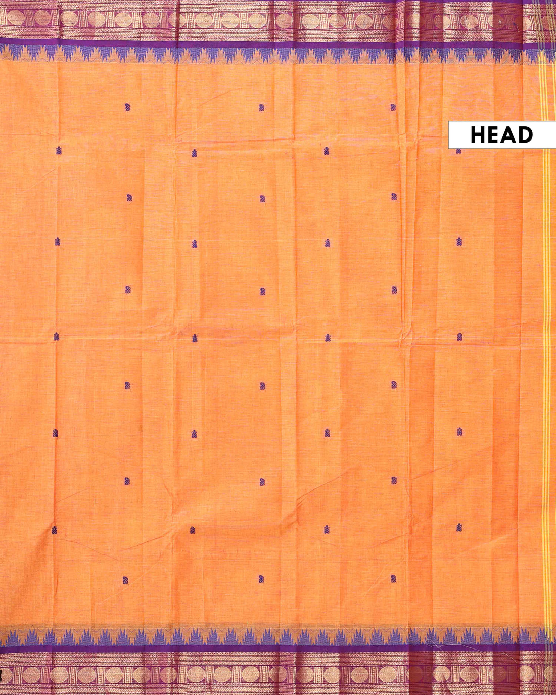 Traditional Handloom Chettinad Cotton Saree with Plain Body and Zari Woven Temple & Coin Motif Border - Orange