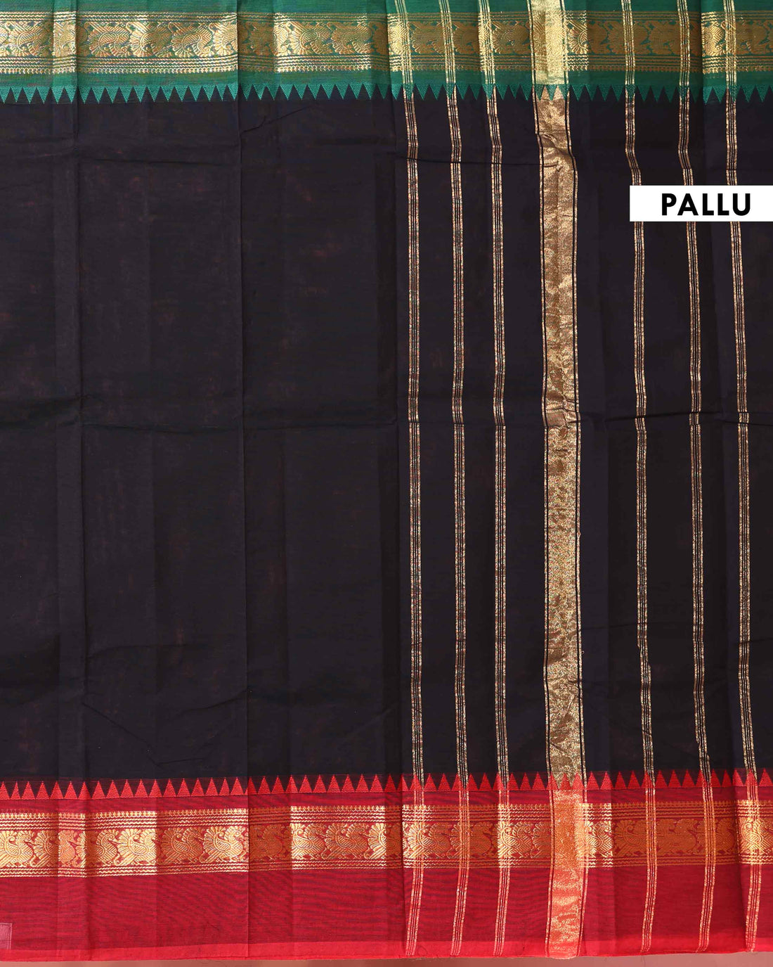 Traditional Handloom Chettinad Cotton Saree with Plain Body and Intricate Zari Woven Temple & Peacock Motif Border - Black