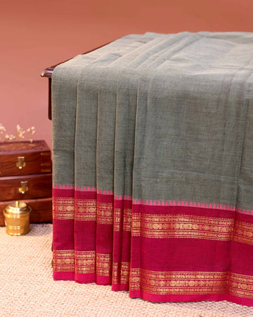 Traditional Handloom Chettinad Cotton Saree with Traditional Zari Woven Temple Border - Grey