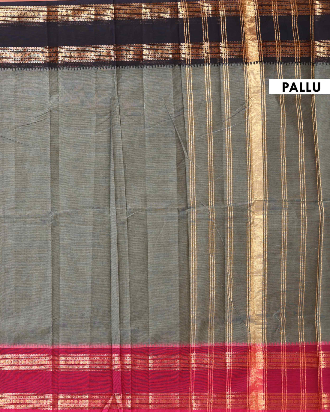 Traditional Handloom Chettinad Cotton Saree with Traditional Zari Woven Temple Border - Grey