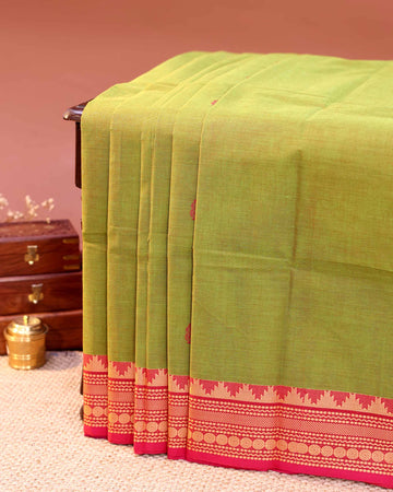Traditional Handloom Chettinad Cotton Saree with Plain Body and Intricate Zari Woven Temple Motif Border - Green