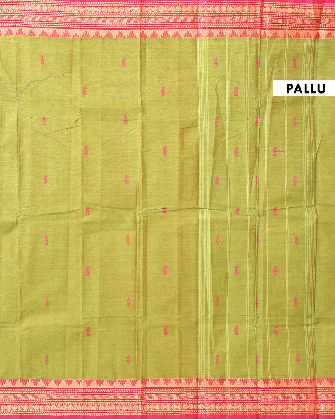 Traditional Handloom Chettinad Cotton Saree with Plain Body and Intricate Zari Woven Temple Motif Border - Green