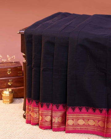 Traditional Handloom Chettinad Cotton Saree with Plain Body and Zari Woven Temple & Coin Motif Border - Black