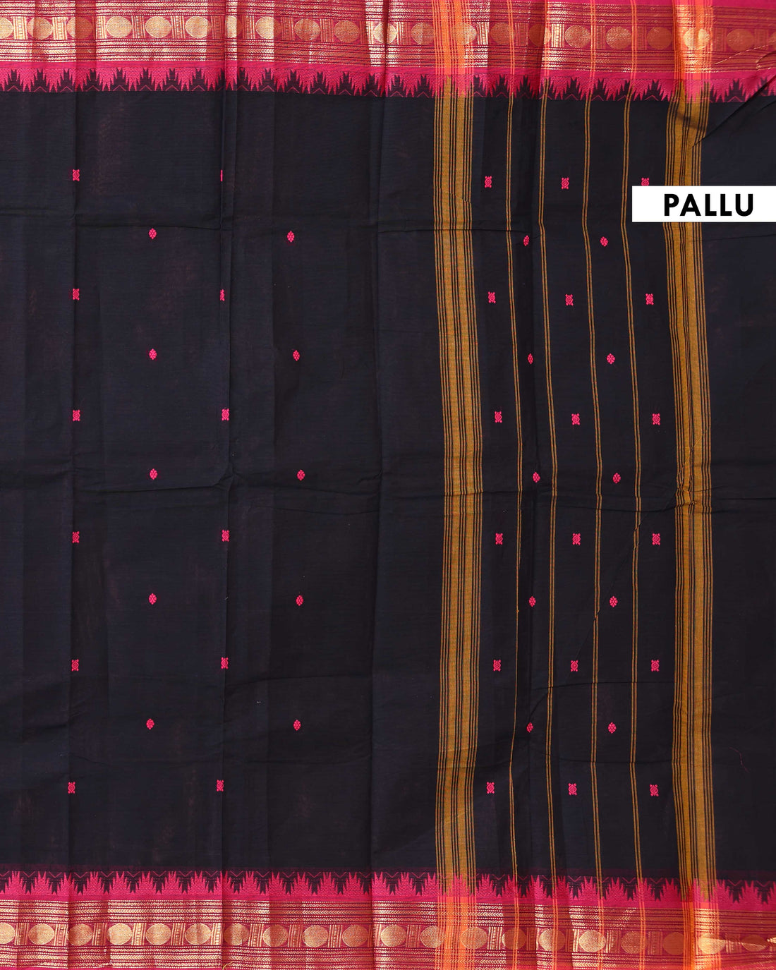 Traditional Handloom Chettinad Cotton Saree with Plain Body and Zari Woven Temple & Coin Motif Border - Black