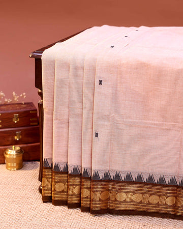 Traditional Handloom Chettinad Cotton Saree with Plain Body and Zari Woven Temple & Coin Motif Border - Sandal