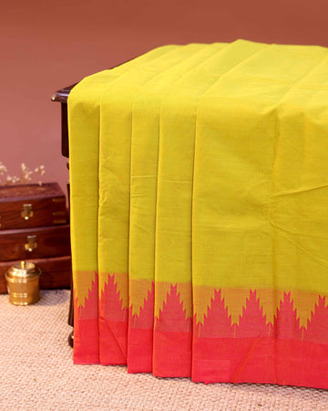 Traditional Handloom Chettinad Cotton Saree with Plain Body and Classic Temple Pattern Contrast Woven Border - Light Green