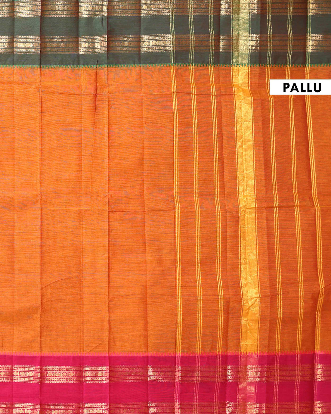 Traditional Handloom Chettinad Cotton Saree with Plain Body and Elegant Zari Woven Temple Pattern Border - Orange