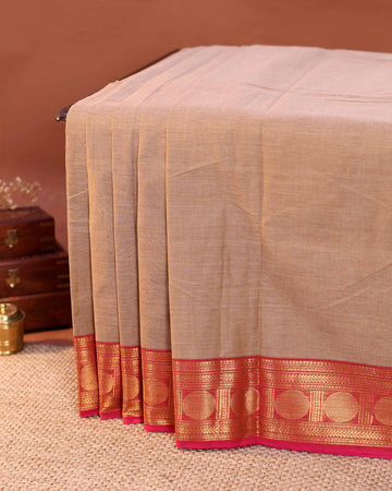 Traditional Handloom Chettinad Cotton Saree with Plain Body and Elegant Zari Woven Ganga Jamuna Border - Beige