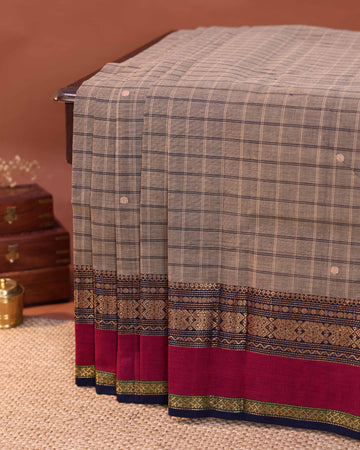 Traditional Handloom Chettinad Cotton Saree with Checked Body and Zari Woven Border - Brown (Copy)