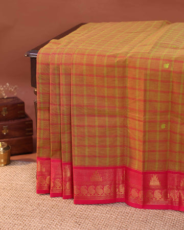 Traditional Handloom Chettinad Cotton Saree with Checked Body and Zari Woven Border - Orange