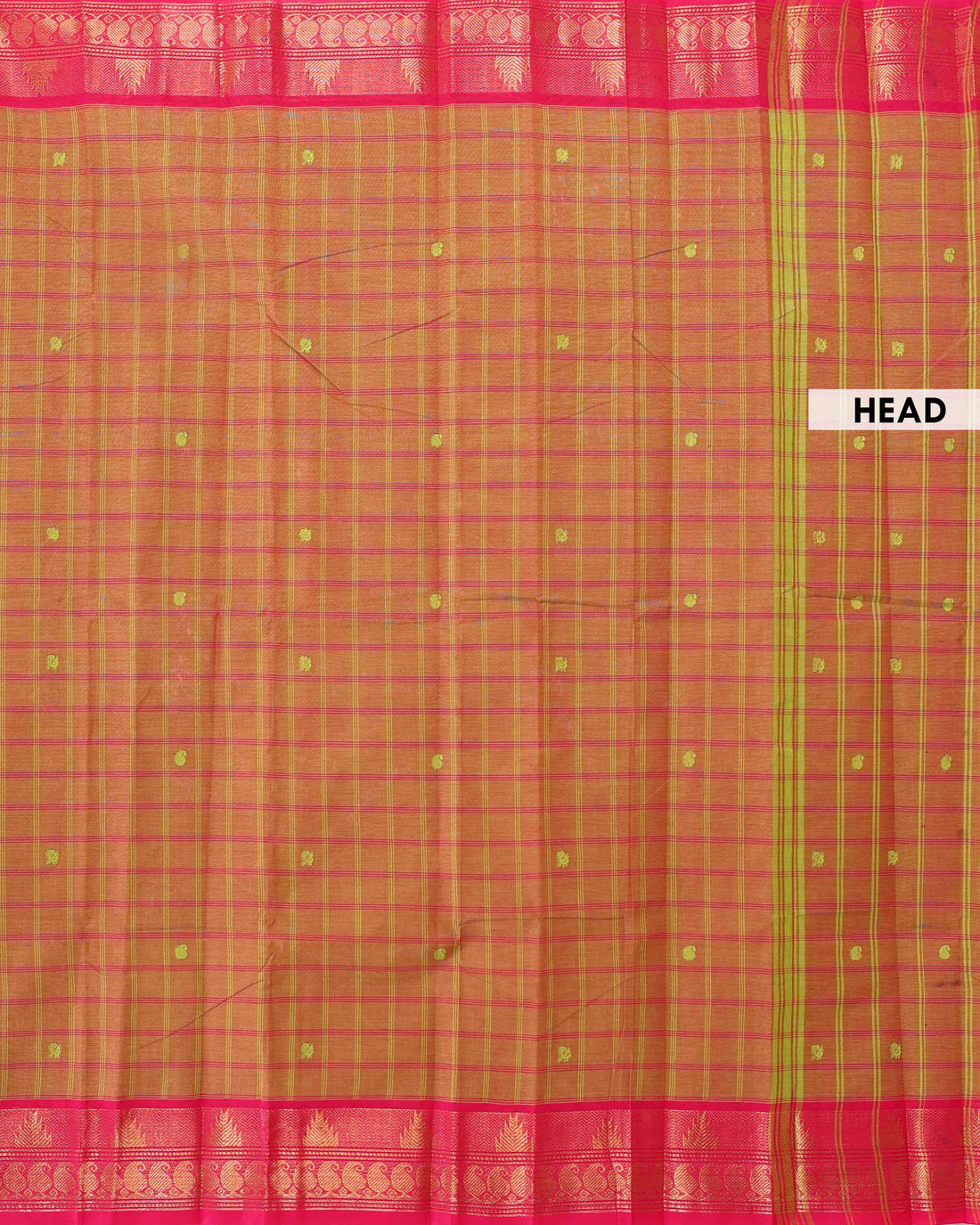 Traditional Handloom Chettinad Cotton Saree with Checked Body and Zari Woven Border - Orange