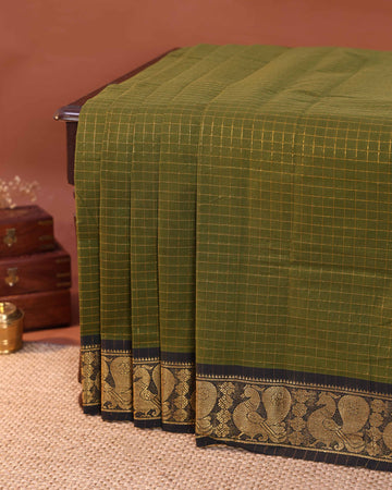 Elegant Handloom Chettinad Cotton Saree with Checked Body and Zari Woven Border - Green