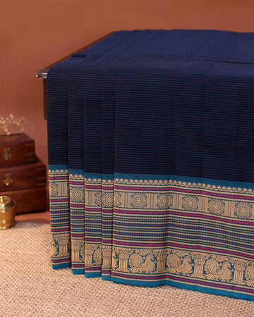 Elegant Handloom Chettinad Cotton Saree with Plain Body and Thread Woven Border - Navy