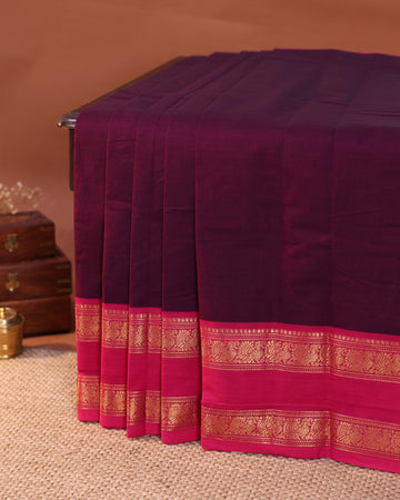 Elegant Handloom Chettinad Cotton Saree with Plain Body and Zari Woven Rettapet Border - Purple