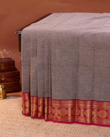Elegant Handloom Chettinad Cotton Saree with Plain Body and Zari Woven Ganga Jamuna Border - Grey