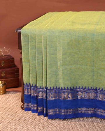 Elegant Handloom Chettinad Cotton Saree with Plain Body and Zari Woven Rettapet Border - Green