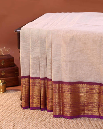 Elegant Handloom Chettinad Cotton Saree with Plain Body and Zari Woven Border - Beige