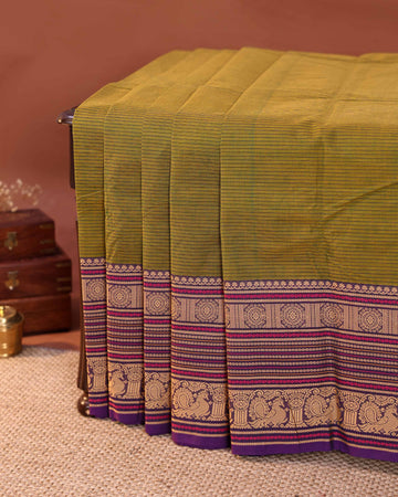 Elegant Handloom Chettinad Cotton Saree with Plain Body and Thread Woven Border - Green