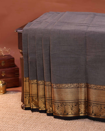 Elegant Handloom Chettinad Cotton Saree with Plain Body and Woven Zari Border - Grey