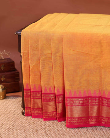 Elegant Handloom Chettinad Cotton Saree with Plain Body and Temple Inspired Zari Border - Orange