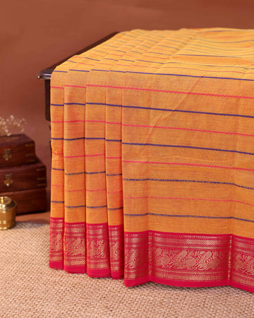 Traditional Handloom Chettinad Cotton Saree with Striped Plain Body and Intricate Zari Woven Temple Motif Contrast Border - Orange