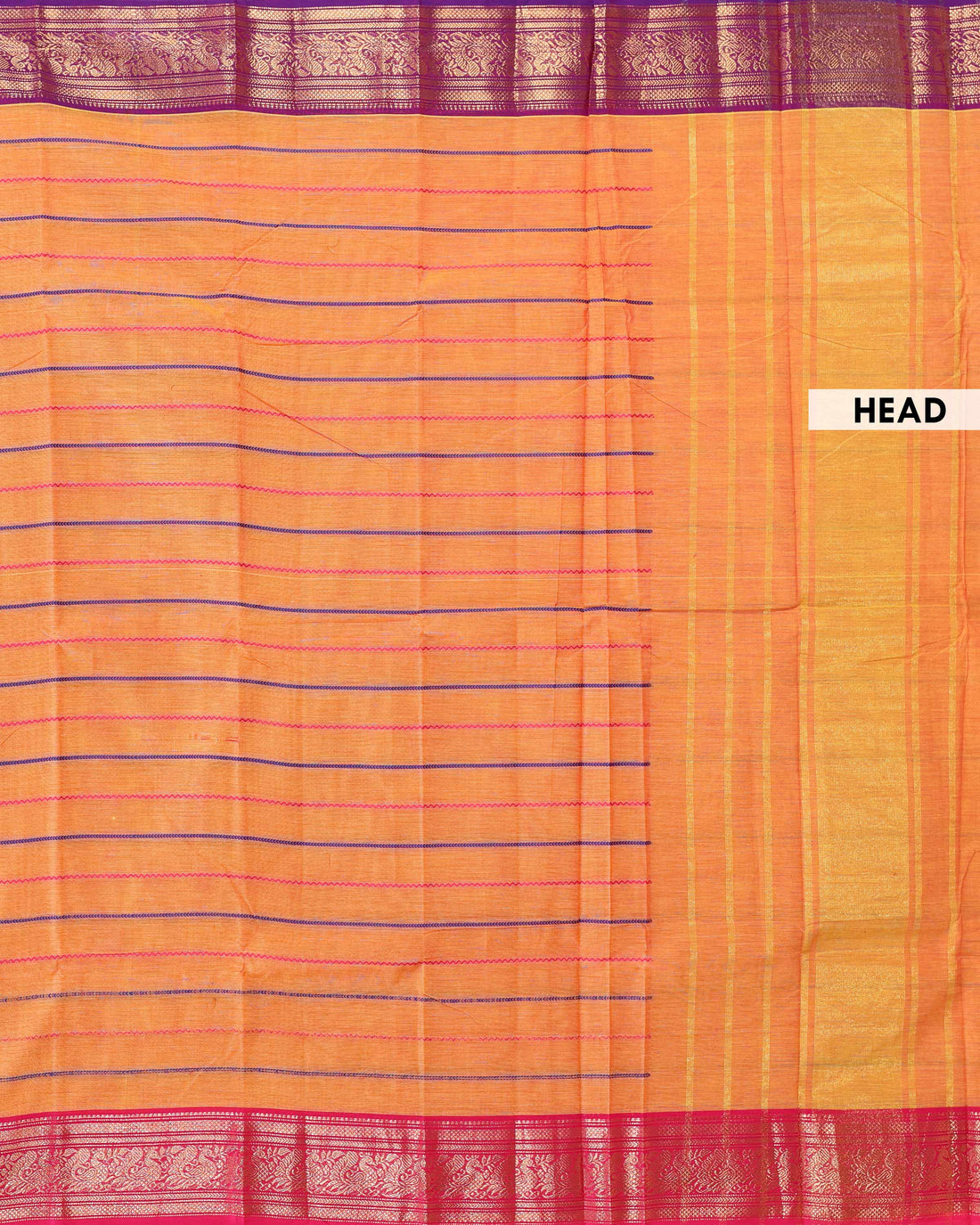 Traditional Handloom Chettinad Cotton Saree with Striped Plain Body and Intricate Zari Woven Temple Motif Contrast Border - Orange