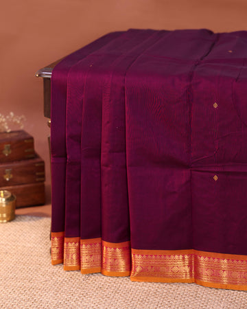 Traditional Handloom Chettinad Pure Cotton Saree with Plain Body Subtle Butta Motifs and Zari Woven Border - Purple