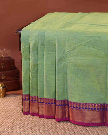 Traditional Handloom Chettinad Cotton Saree with Plain Body and Zari Woven Temple Motif Contrast Border - Green