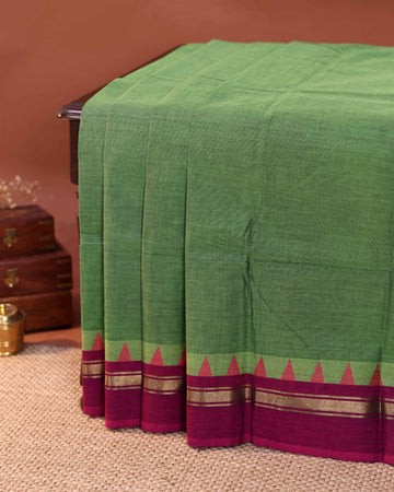 Traditional Handloom Chettinad Cotton Saree with Plain Body and Zari Woven Temple Motif Contrast Border - Green