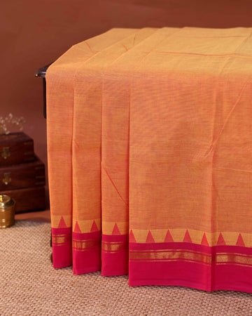 Traditional Handloom Chettinad Cotton Saree with  Plain Body and Zari Woven Temple Motif Contrast Border - Orange