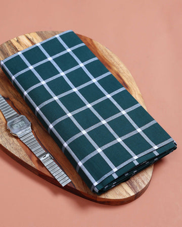 999 Brand Men’s Premium Cotton Checked Stitched Lungi 2.10 Meter Length - Dark Green