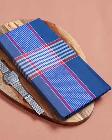 999 Brand Men’s Premium Cotton Striped Stitched Lungi 2.10 Meter Length - Blue