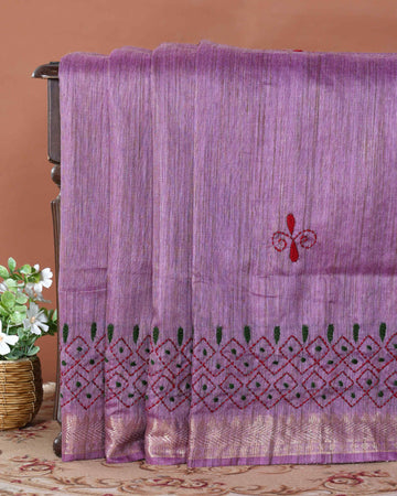 Elegant Kantha Hand Embroidered Saree with Intricate Geometric Motif and Contrast Border - Purple